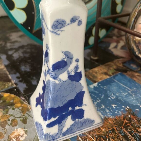 Vintage Chinoiserie Blue And White Candlestick Holder 9" - Picture 6 of 16